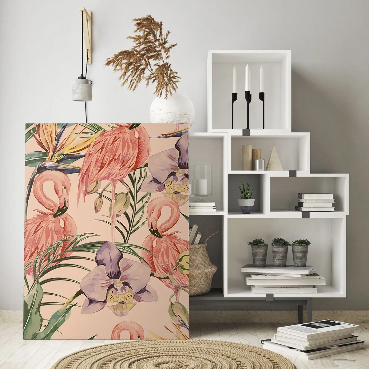 Cuadro sobre vidrio - Impresiones sobre Vidrio - Flamencos rodeados de flores y plantas tropicales. - 50x70cm - Un ballet rosa en flores - Decoración de pared moderna para salón y dormitorio ARTTOR