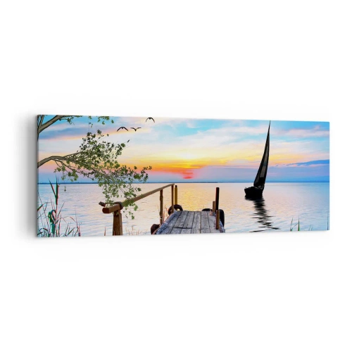 Cuadro sobre lienzo - Impresión de Imagen - Muelle del lago con barco y puesta de sol - 140x50cm - Que llegue la noche - Decoración de pared moderna para salón y dormitorio ARTTOR