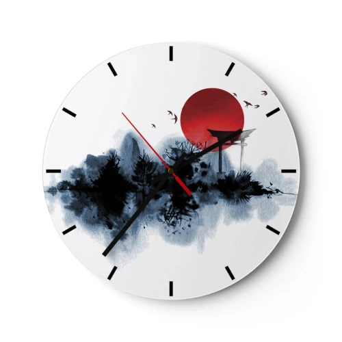 Reloj de pared - Reloj de vidrio - Una bola de sol roja y una puerta torii de estilo japonés sobre el agua. - 30x30cm - Visión japonesa - Decoración de pared moderna para salón, cocina y dormitorio ARTTOR