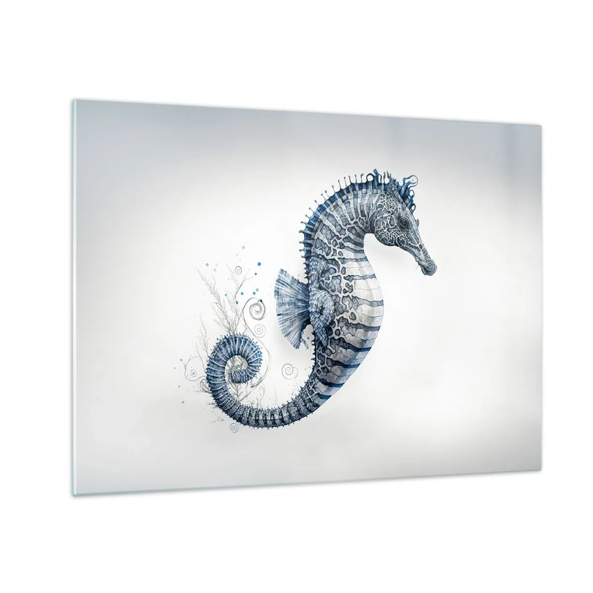 Cuadro sobre vidrio - Impresiones sobre Vidrio - Caballito de mar azul sobre un fondo claro en un estilo de dibujo - 70x50cm - Una sutil broma de la naturaleza - Decoración de pared moderna para salón y dormitorio ARTTOR