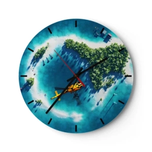 Reloj de pared - Reloj de vidrio - Isla tropical con helicóptero sobre aguas turquesas - 30x30cm - Cómprate una isla - Decoración de pared moderna para salón, cocina y dormitorio ARTTOR