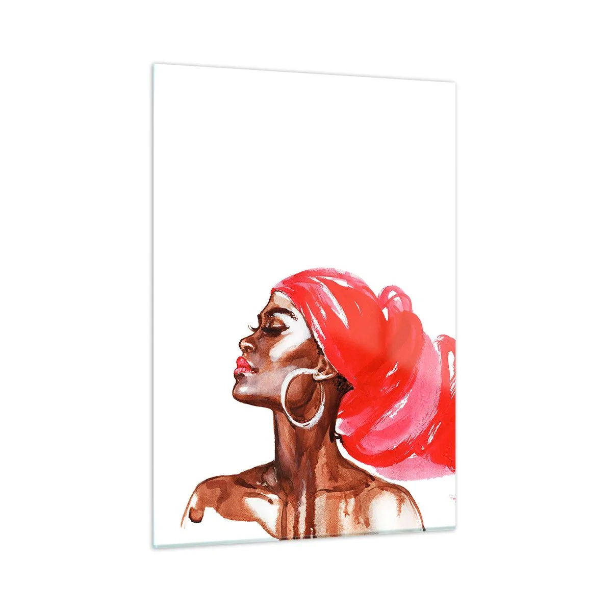 Cuadro sobre vidrio - Impresiones sobre Vidrio - Retrato en acuarela de una mujer con turbante rojo. - 50x70cm - Aroma que te hace sentir - Decoración de pared moderna para salón y dormitorio ARTTOR
