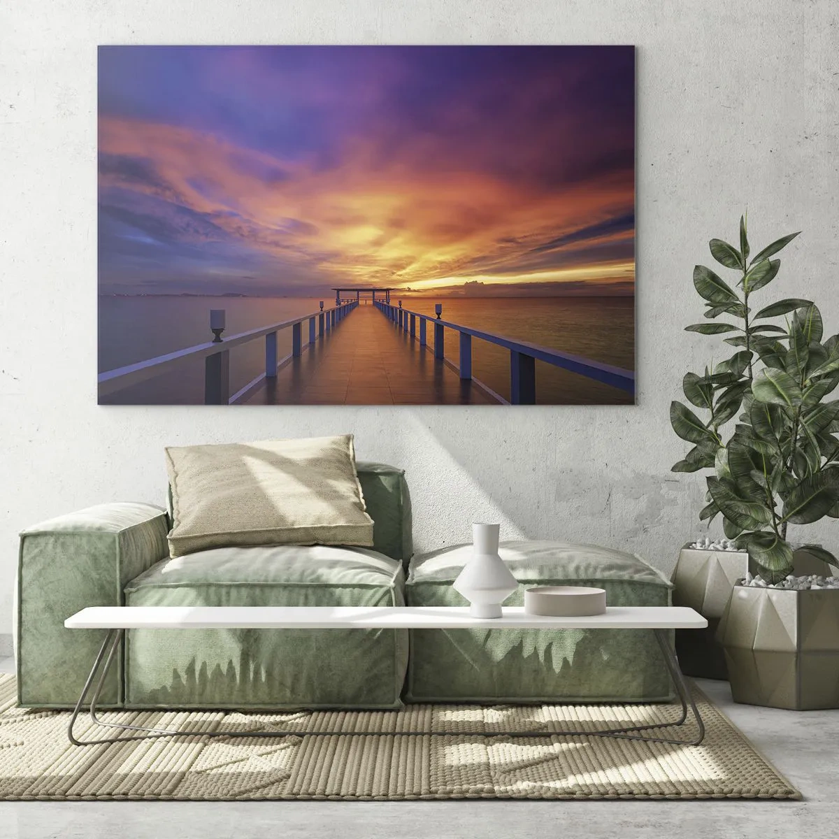 Cuadro sobre vidrio - Impresiones sobre Vidrio - El muelle con la puesta de sol como telón de fondo - 70x50cm - Sin fin - Decoración de pared moderna para salón y dormitorio ARTTOR