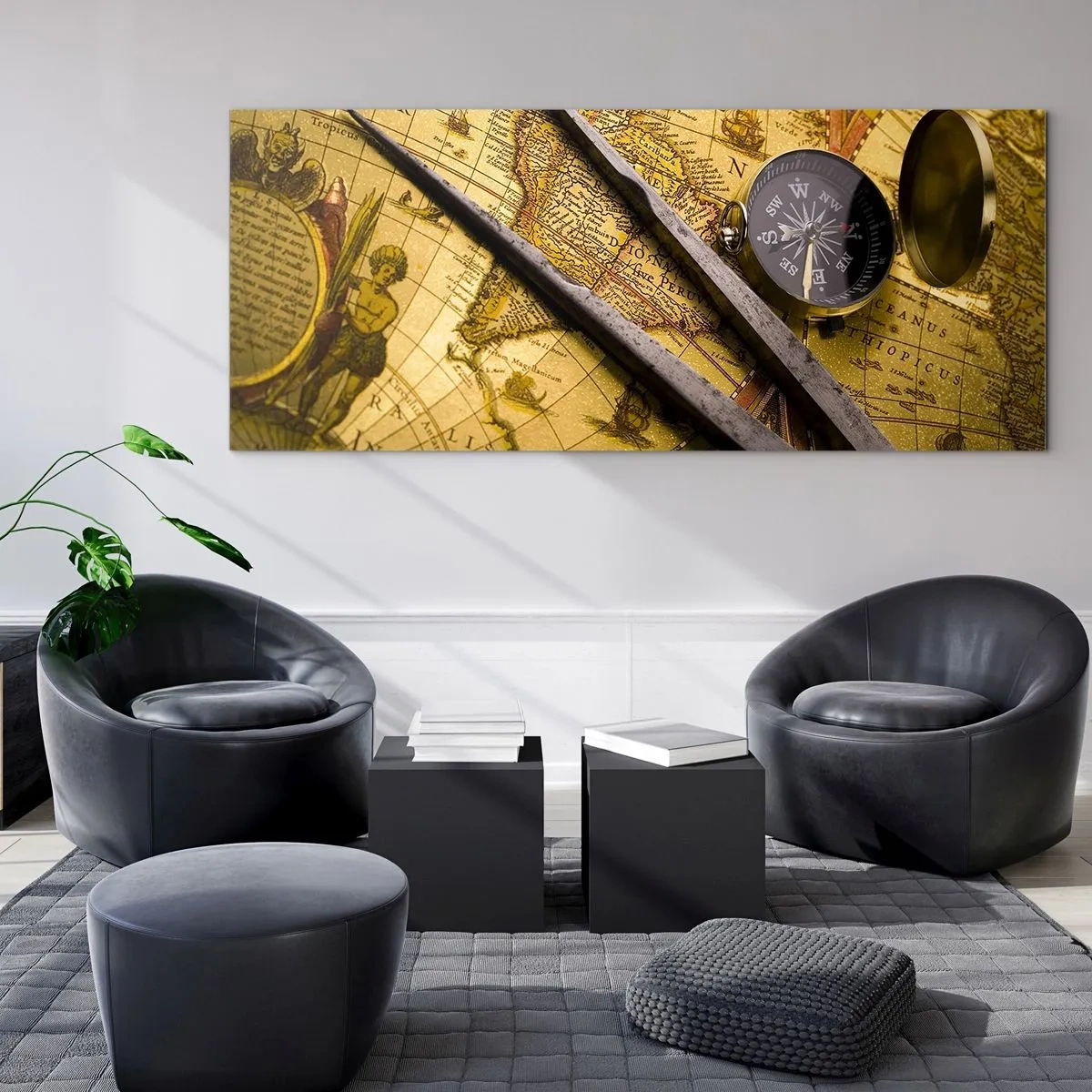 Cuadro sobre vidrio - Impresiones sobre Vidrio - Un mapa del mundo antiguo con una brújula y un par de brújulas en el fondo. - 120x50cm - ¿Dónde están los tesoros? - Decoración de pared moderna para salón y dormitorio ARTTOR