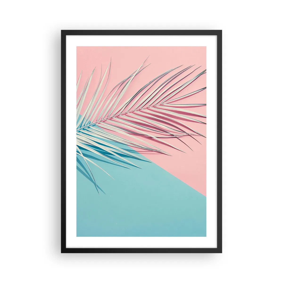 Póster en marco negro - Una palmera sobre un fondo de colores rosa pastel y azul. - 50x70cm - Impresión tropical - Decoración de pared moderna para salón y dormitorio ARTTOR