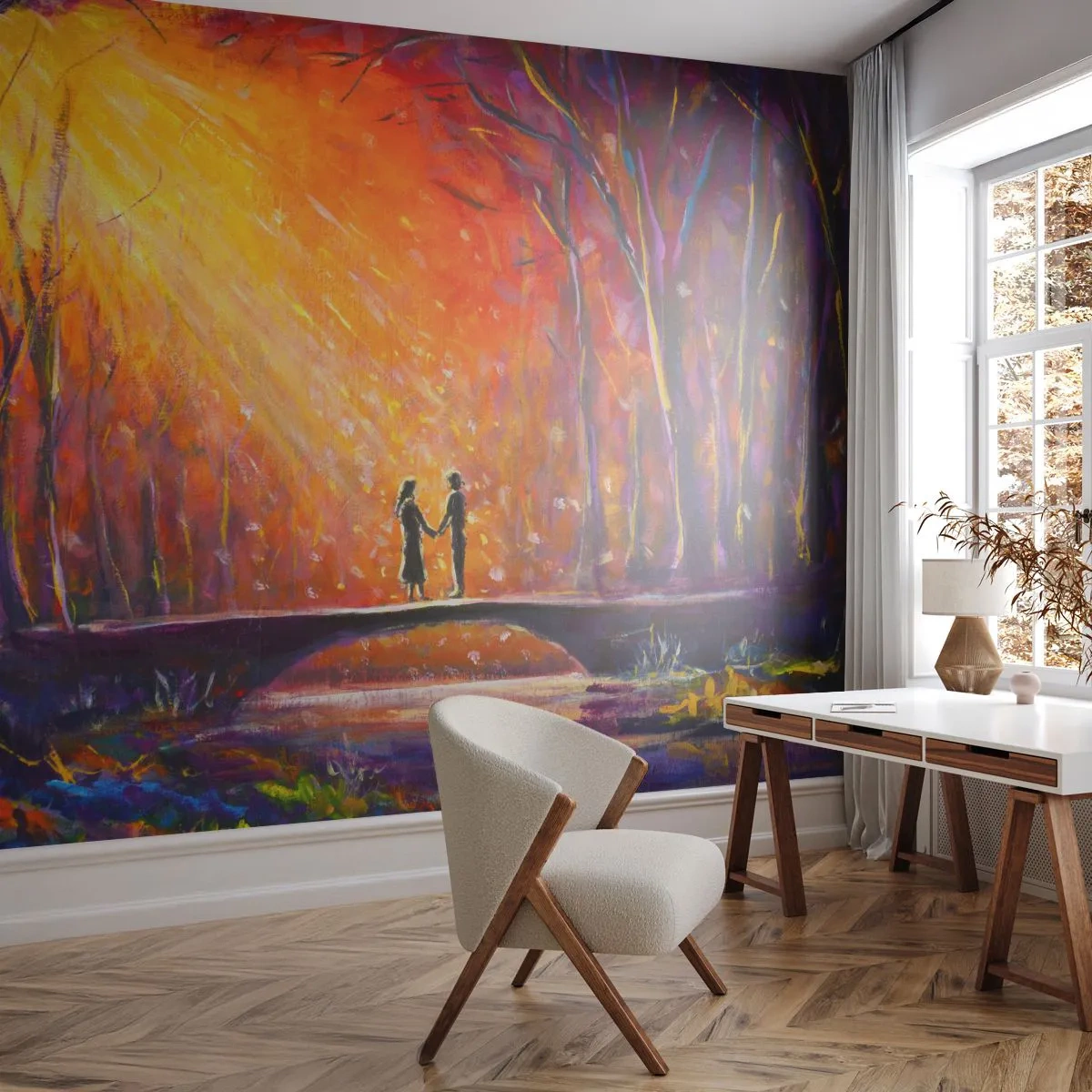 Fotomural Premium Sand - Una pareja en un puente en un bosque mágico al atardecer. - 100x70cm - El cielo también los ama - Decoración de pared moderna para salón y dormitorio ARTTOR