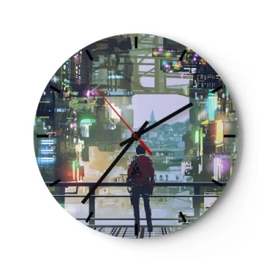 Reloj de pared - Reloj de vidrio - Una figura en una ciudad futurista con luces de neón y un horizonte al fondo. - 30x30cm - Dos mundos - Decoración de pared moderna para salón, cocina y dormitorio ARTTOR