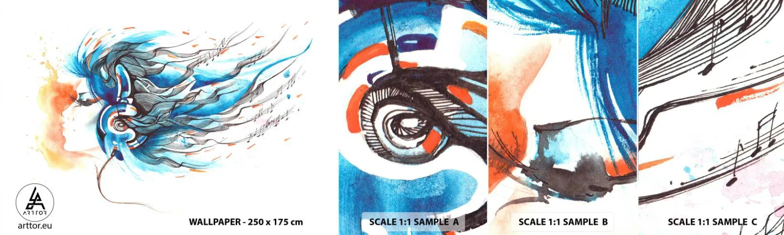 Muestra de fotomural autoadhesivo Deluxe Sticker - Que suene la música - Abstracción, Mujer, Música - 100x30 cm