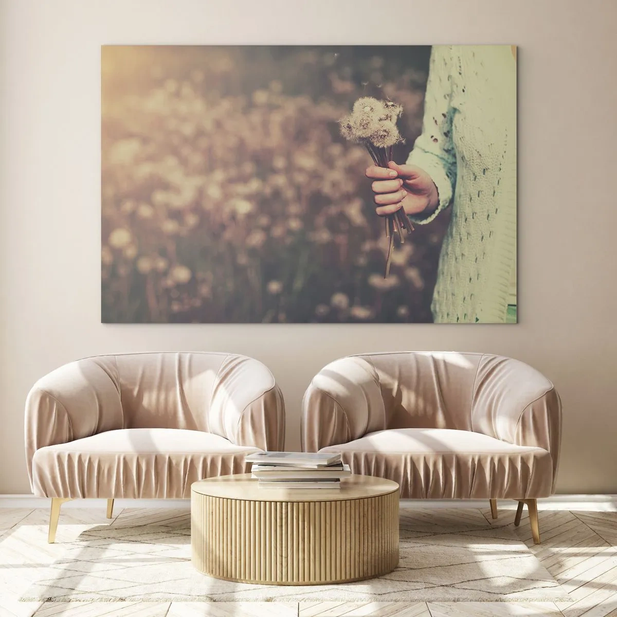 Cuadro sobre vidrio - Impresiones sobre Vidrio - Una mano sosteniendo un ramo de dientes de león contra un campo borroso - 120x80cm - Deténgalos, por favor - Decoración de pared moderna para salón y dormitorio ARTTOR