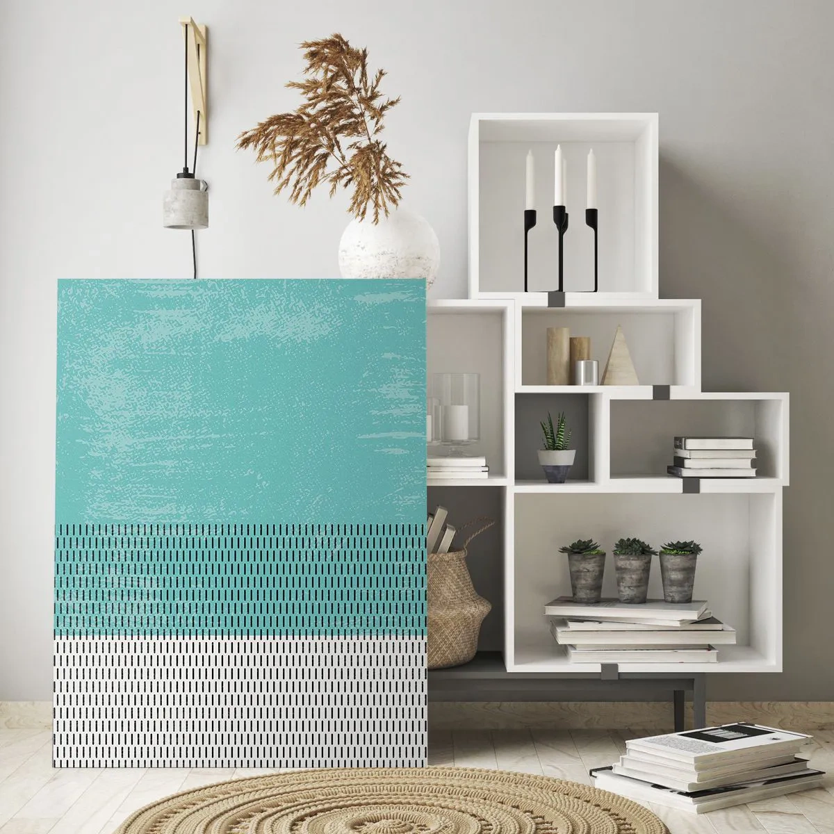 Cuadro sobre vidrio - Impresiones sobre Vidrio - Composición geométrica con turquesa y líneas. - 80x120cm - Composición equilibrada - Decoración de pared moderna para salón y dormitorio ARTTOR