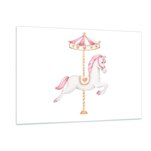 Cuadro sobre vidrio - Impresiones sobre Vidrio - Caballo de carrusel rosa y blanco sobre un fondo blanco - 120x80cm - Partió al galope - Decoración de pared moderna para salón y dormitorio ARTTOR