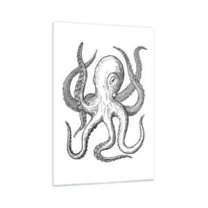 Cuadro sobre vidrio - Impresiones sobre Vidrio - Dibujo en blanco y negro de un pulpo sobre un fondo blanco en estilo vintage. - 70x100cm - Bailando con olas - Decoración de pared moderna para salón y dormitorio ARTTOR