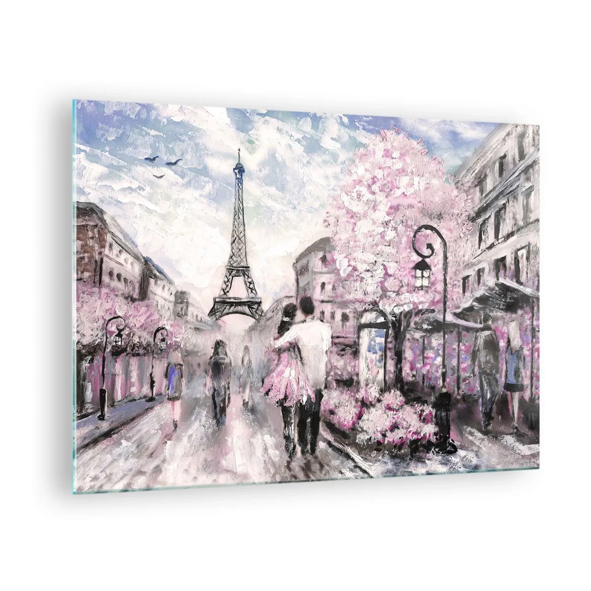Cuadro sobre vidrio - Impresiones sobre Vidrio - Pareja romántica en París con la Torre Eiffel al fondo - 70x50cm - La ciudad del amor - Decoración de pared moderna para salón y dormitorio ARTTOR