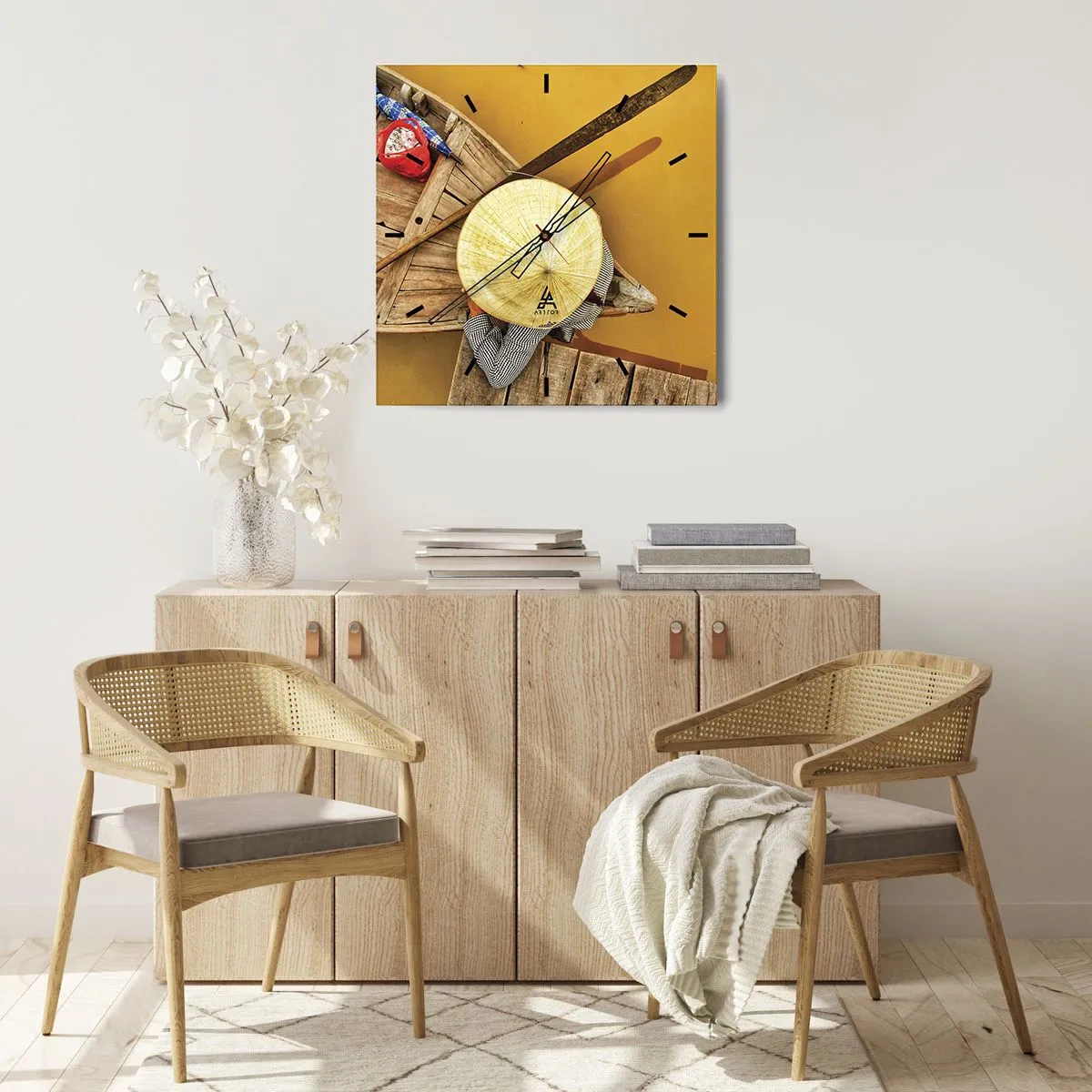 Reloj de pared - Reloj de vidrio - Un barco tradicional visto a vista de pájaro - 30x30cm - La vida en el río amarillo - Decoración de pared moderna para salón y dormitorio ARTTOR