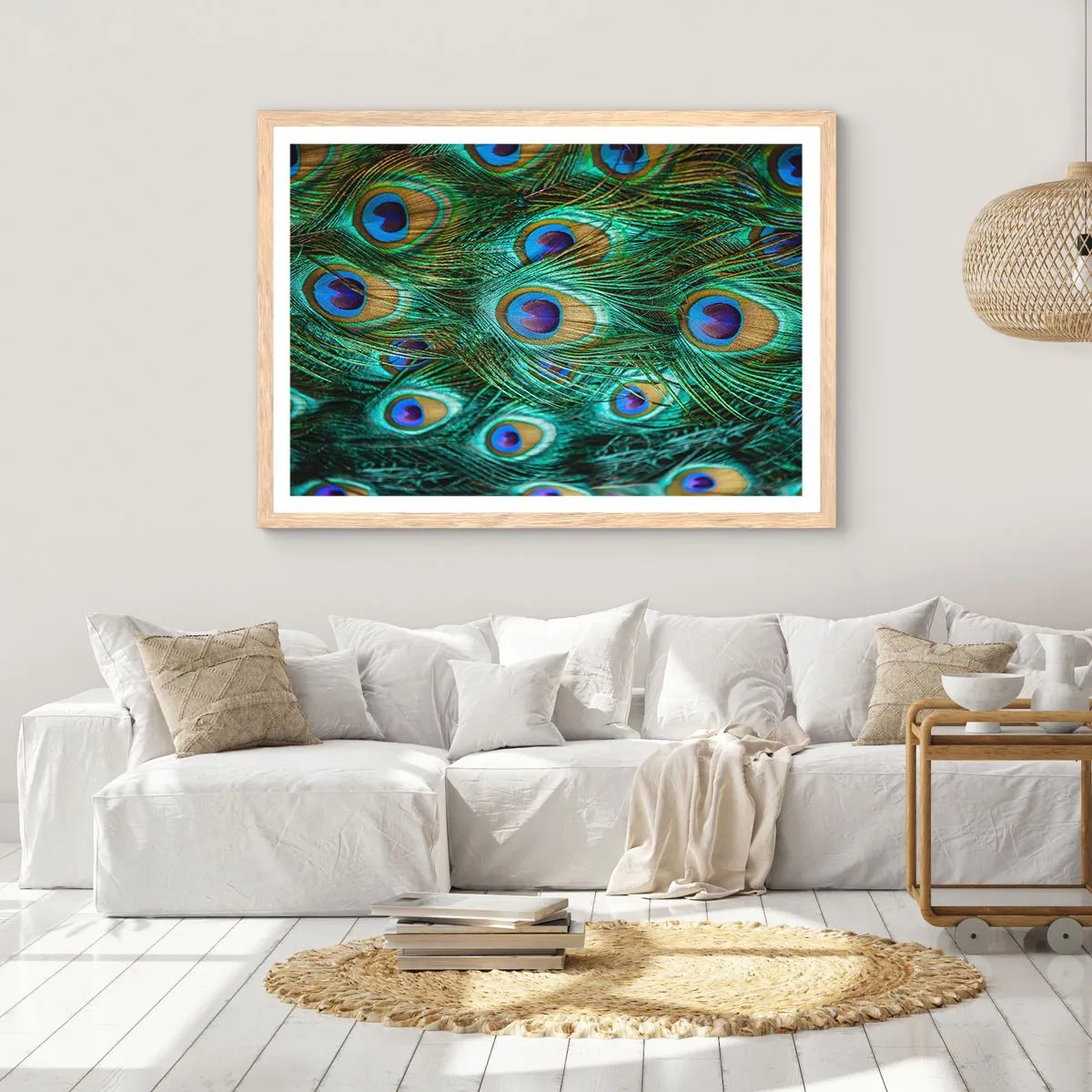 Póster en marco roble claro - Mirada de pavo real - 50x40 cm