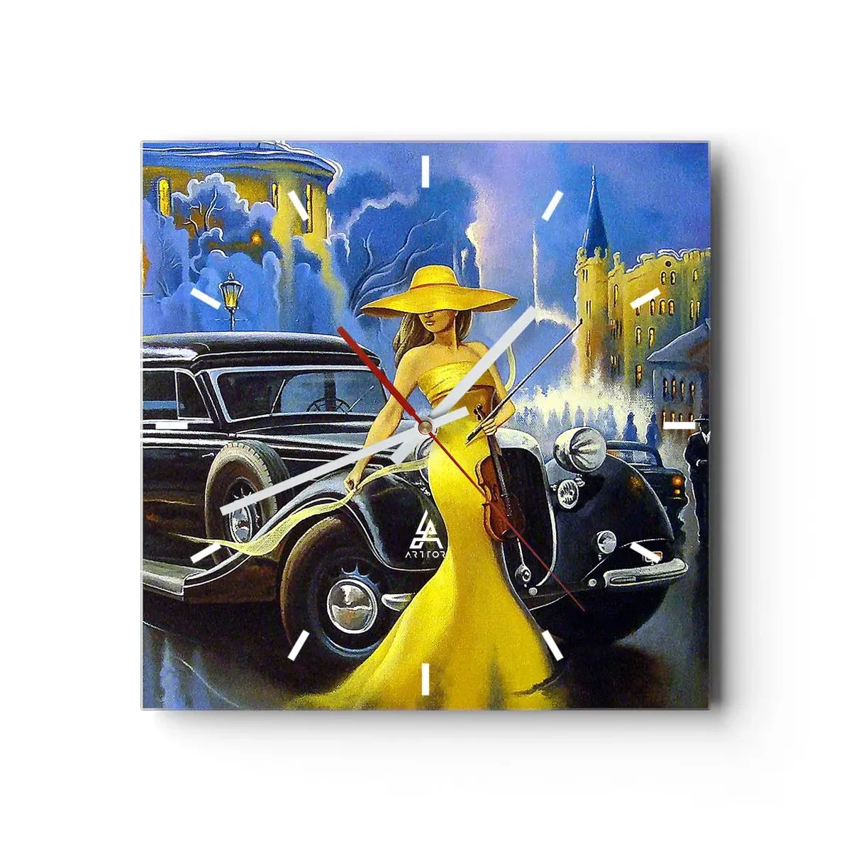 Reloj de pared - Reloj de vidrio - Una mujer con un vestido amarillo con un violín junto a un coche retro. - 30x30cm - Noche de violín y pasión - Decoración de pared moderna para salón y dormitorio ARTTOR