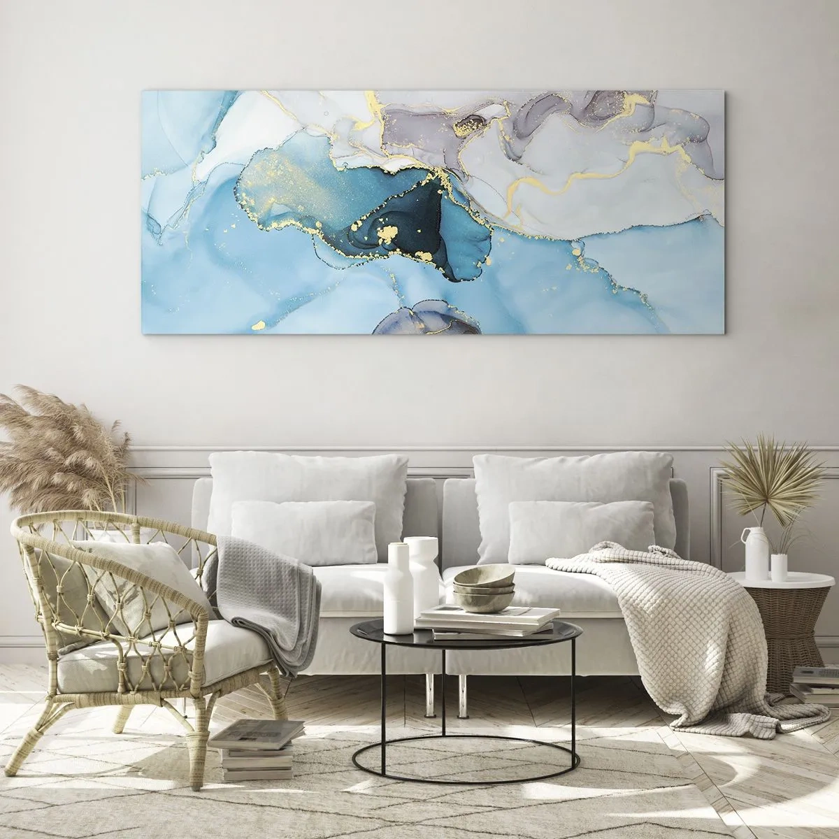 Cuadro sobre vidrio - Impresiones sobre Vidrio - Abstracción en tonos azules y dorados con líneas sutiles. - 120x50cm - Un estudio del encuentro entre el gris y el turquesa - Decoración de pared moderna para salón y dormitorio ARTTOR