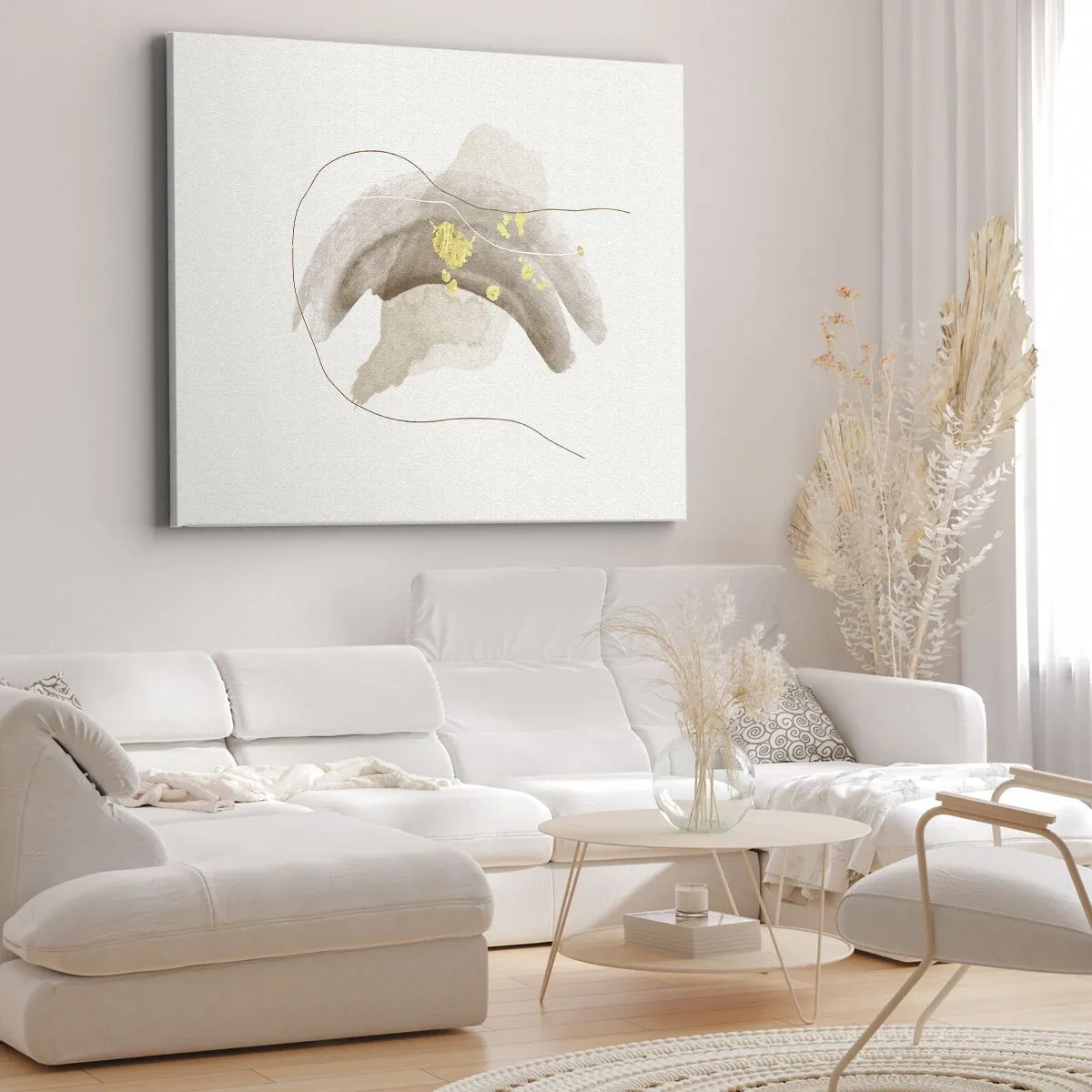 Cuadro sobre lienzo - Impresión de Imagen - Una composición abstracta en tonos beige y dorado. - 70x50cm - Encontrado en el espacio - Decoración de pared moderna para salón y dormitorio ARTTOR