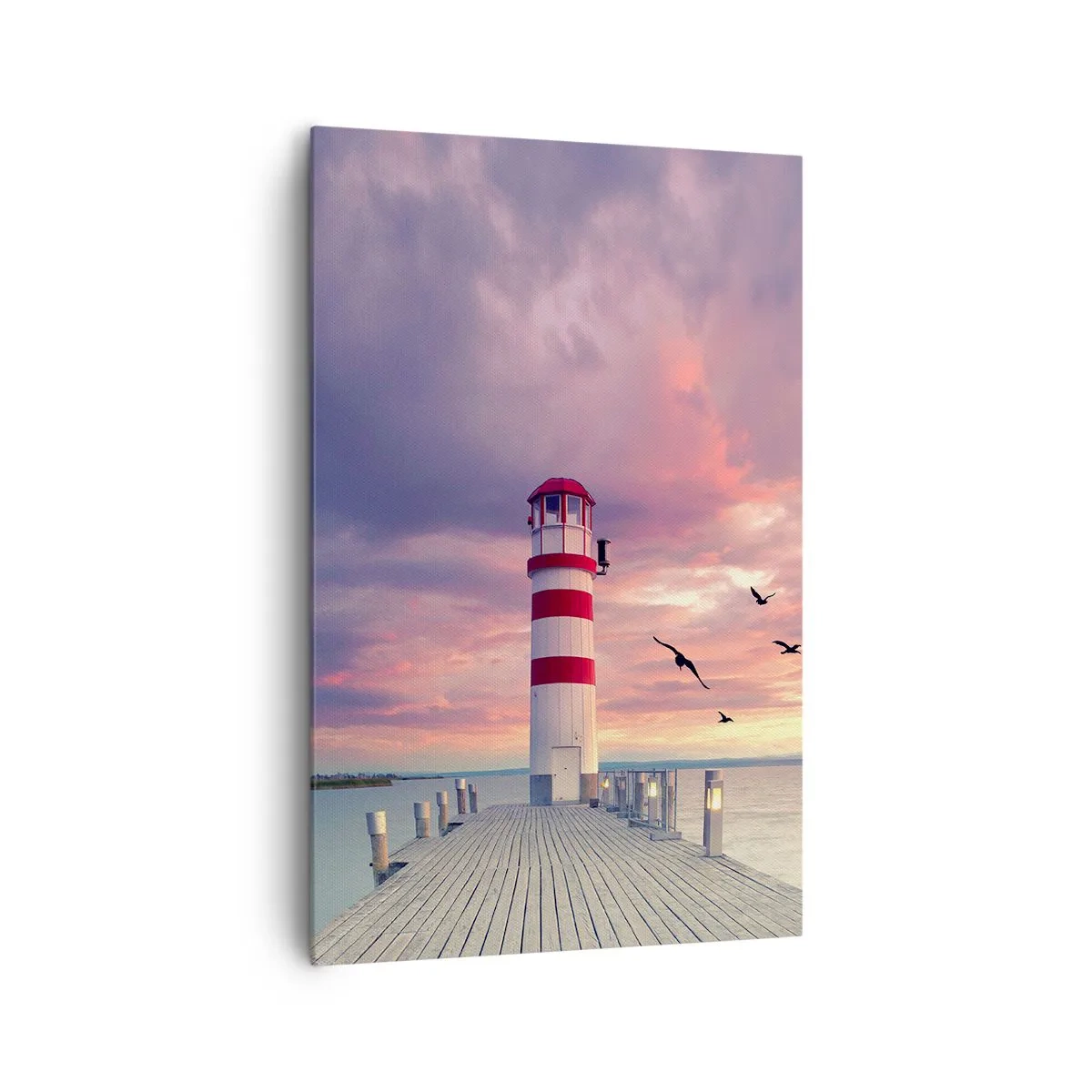 Cuadro sobre lienzo - Impresión de Imagen - Un faro en el muelle rodeado de una pintoresca puesta de sol. - 80x120cm - Hora de ir al puerto - Decoración de pared moderna para salón y dormitorio ARTTOR