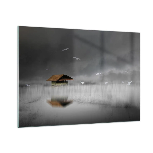 Cuadro sobre vidrio - Impresiones sobre Vidrio - Una casa sobre el agua en la niebla con pájaros volando. - 100x70cm - Resguardo de la lluvia - Decoración de pared moderna para salón y dormitorio ARTTOR