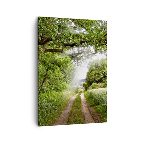 Cuadro sobre lienzo - Impresión de Imagen - Un camino de tierra entre árboles verdes y luz solar. - 50x70cm - Ensueño - Decoración de pared moderna para salón y dormitorio ARTTOR