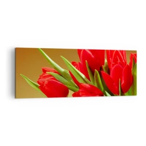 Cuadro sobre lienzo - Impresión de Imagen - Un ramo de tulipanes rojos sobre un fondo dorado con hojas verdes. - 140x50cm - Estallido de alegría primaveral - Decoración de pared moderna para salón y dormitorio ARTTOR