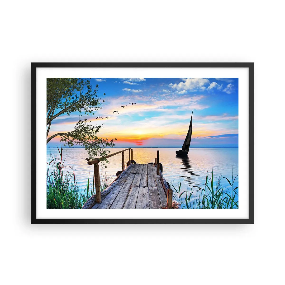 Póster en marco negro - Muelle del lago con barco y puesta de sol - 70x50cm - Que llegue la noche - Decoración de pared moderna para salón y dormitorio ARTTOR