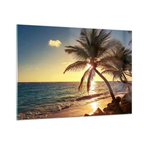 Cuadro sobre vidrio - Impresiones sobre Vidrio - Playa tropical con palmeras a la luz del sol poniente. - 100x70cm - Verano bajo las palmeras - Decoración de pared moderna para salón y dormitorio ARTTOR