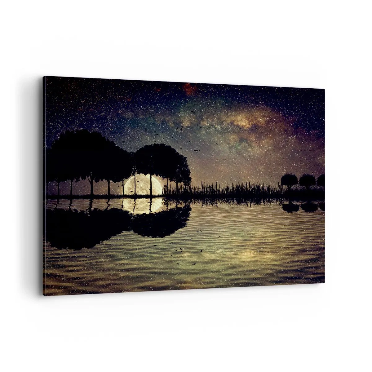 Cuadro sobre lienzo - Impresión de Imagen - Una noche mágica con árboles y la luna reflejada en el agua. - 100x70cm - Noche en el fin del mundo - Decoración de pared moderna para salón y dormitorio ARTTOR