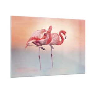 Cuadro sobre vidrio - Impresiones sobre Vidrio - Dos flamencos de pie en el agua con un fondo de atardecer pastel. - 100x70cm - Elegancia bajo el sol de poniente - Decoración de pared moderna para salón y dormitorio ARTTOR