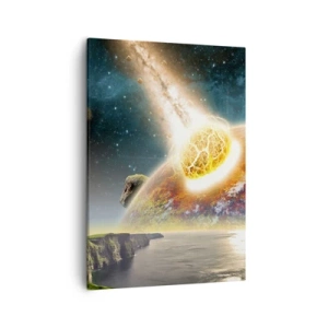 Cuadro sobre lienzo - Impresión de Imagen - Un meteorito choca con un planeta en un paisaje cósmico. - 50x70cm - Drama cósmico - Decoración de pared moderna para salón y dormitorio ARTTOR