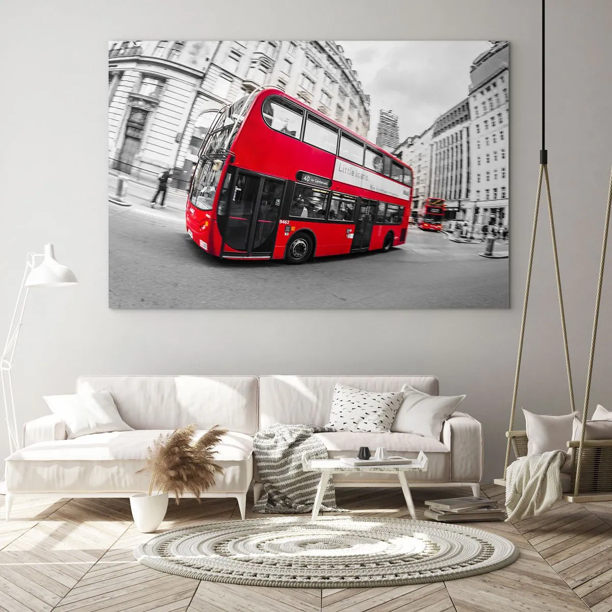 Cuadro sobre vidrio - Impresiones sobre Vidrio - Un autobús rojo en movimiento con las calles de Londres como telón de fondo. - 70x50cm - Londres tradicional - en autobús - Decoración de pared moderna para salón y dormitorio ARTTOR