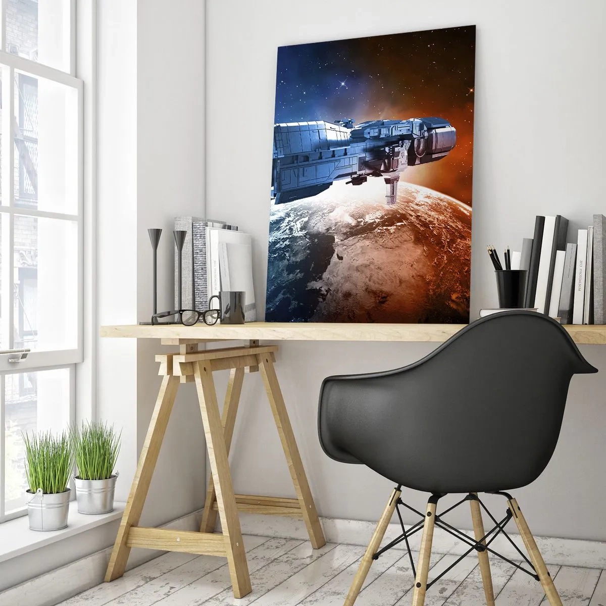 Cuadro sobre vidrio - Impresiones sobre Vidrio - Una nave espacial orbitando un planeta a la luz de las estrellas. - 50x70cm - Un observador atento - Decoración de pared moderna para salón y dormitorio ARTTOR