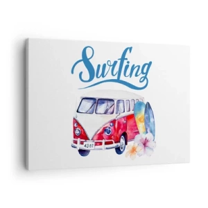 Cuadro sobre lienzo - Impresión de Imagen - Gráficos coloridos con un autobús y una temática de surf. - 70x50cm - Un clásico para los surfistas - Decoración de pared moderna para salón y dormitorio ARTTOR