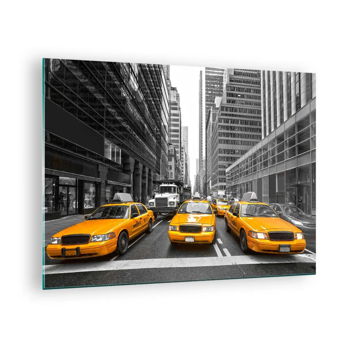 Cuadro sobre vidrio - Impresiones sobre Vidrio - Taxis amarillos en las calles de Nueva York - 70x50cm - Nosotros somos los que damos color a la ciudad - Decoración de pared moderna para salón y dormitorio ARTTOR