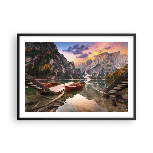 Póster en marco negro - Lago de montaña con barcos al atardecer - 70x50cm - Espejo entre montañas - Decoración de pared moderna para salón y dormitorio ARTTOR