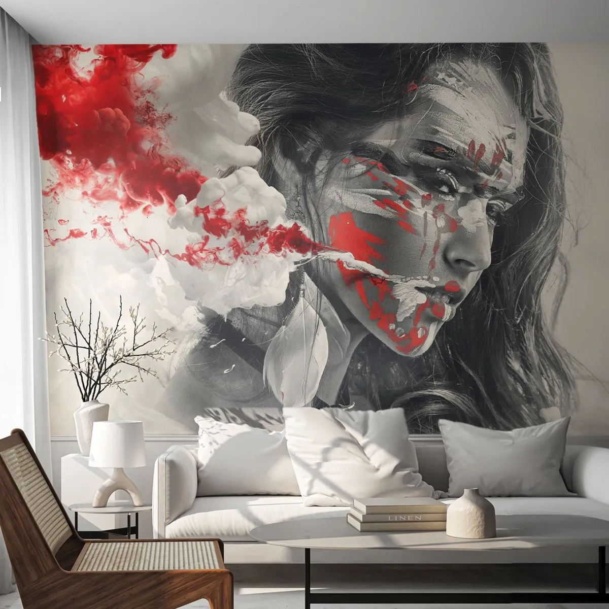 Fotomural Premium Sand - Retrato de una mujer con toques artísticos de pintura. - 100x70cm - En los humos del absurdo - Decoración de pared moderna para salón y dormitorio ARTTOR