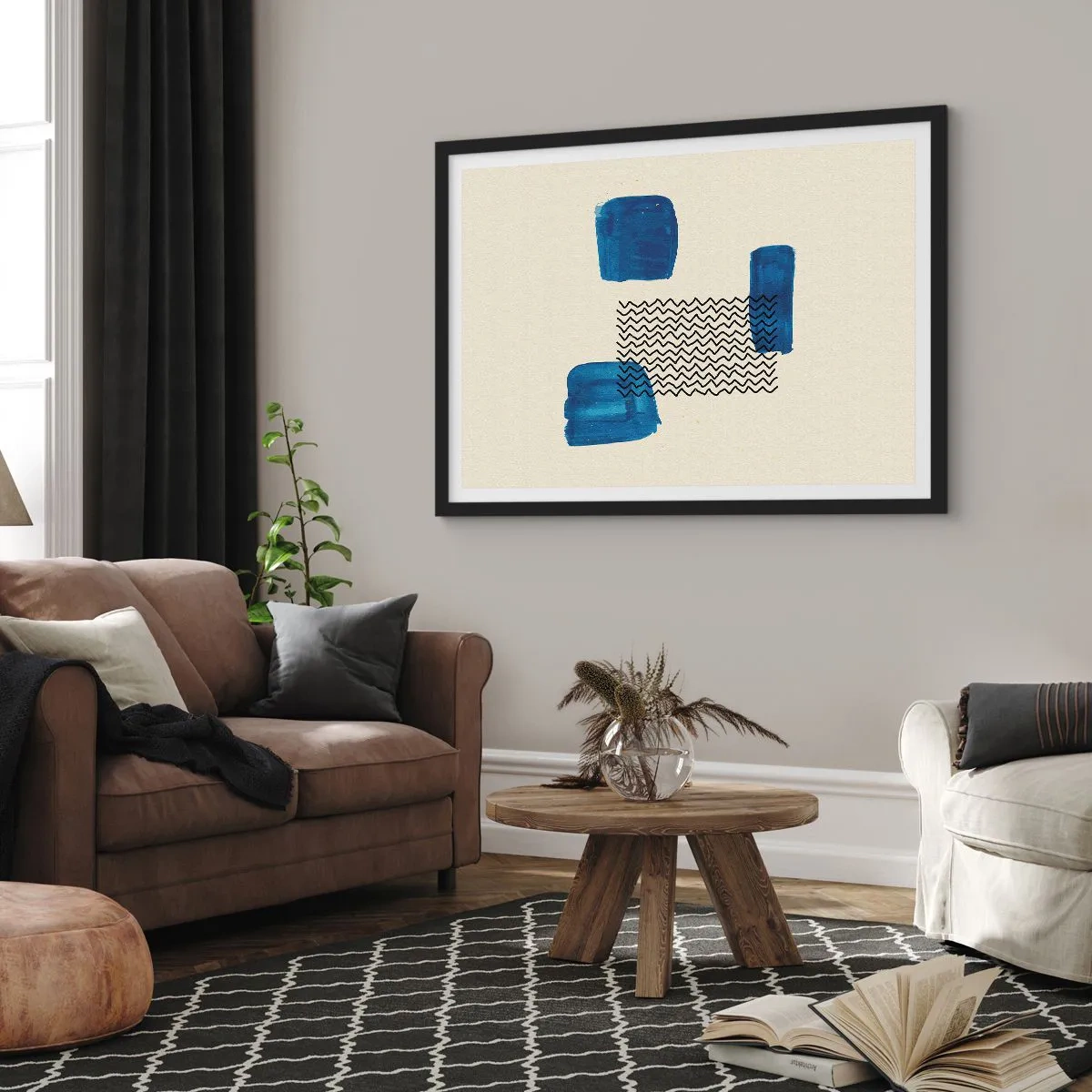 Póster en marco negro - Composición abstracta con manchas azules y líneas onduladas. - 100x70cm - Un cuarteto abstracto - Decoración de pared moderna para salón y dormitorio ARTTOR