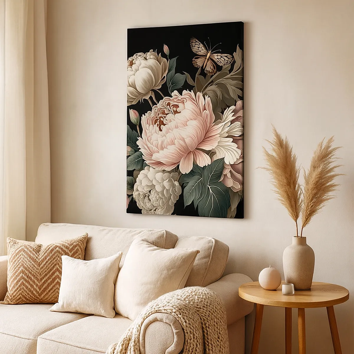 Cuadro sobre lienzo - Impresión de Imagen - Un ramo de flores rosas y mariposas sobre un fondo negro. - 50x70cm - En estilo barroco - Decoración de pared moderna para salón y dormitorio ARTTOR
