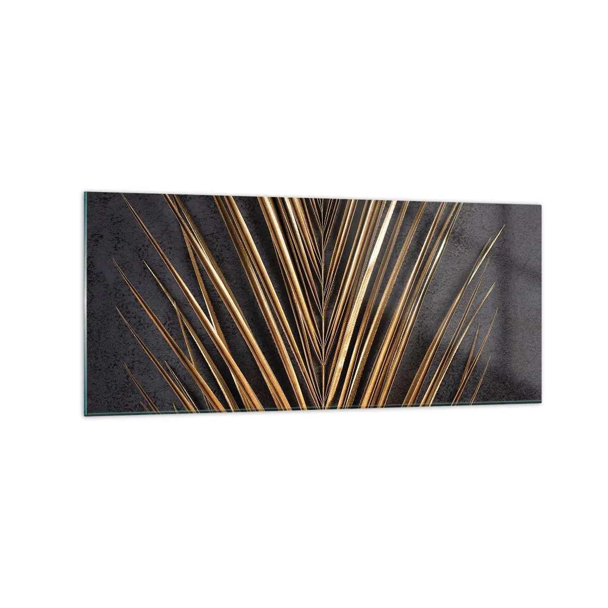 Cuadro sobre vidrio - Impresiones sobre Vidrio - Hoja tropical dorada sobre fondo negro - 120x50cm - El oro de los trópicos - Decoración de pared moderna para salón y dormitorio ARTTOR