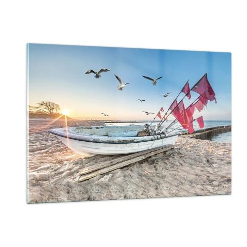 Cuadro sobre vidrio - Impresiones sobre Vidrio - Barco de pesca en la playa al amanecer - 120x80cm - Un merecido descanso - Decoración de pared moderna para salón y dormitorio ARTTOR