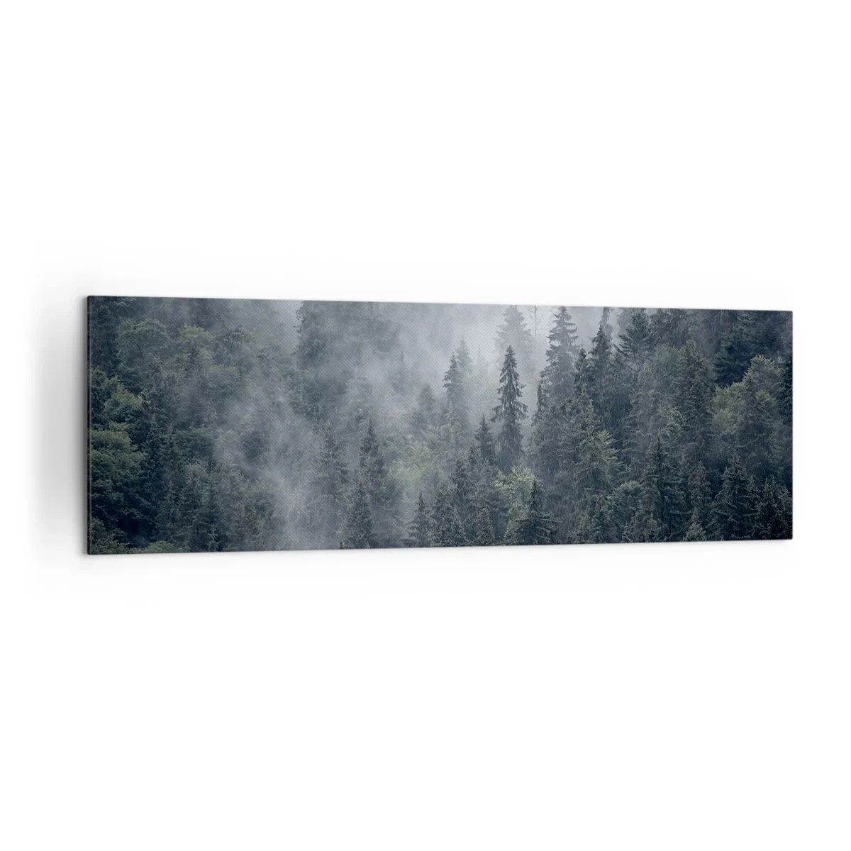 Cuadro sobre lienzo - Impresión de Imagen - Bosque de coníferas brumoso en tonos grises y verdes. - 160x50cm - Amanecer en el bosque - Decoración de pared moderna para salón y dormitorio ARTTOR