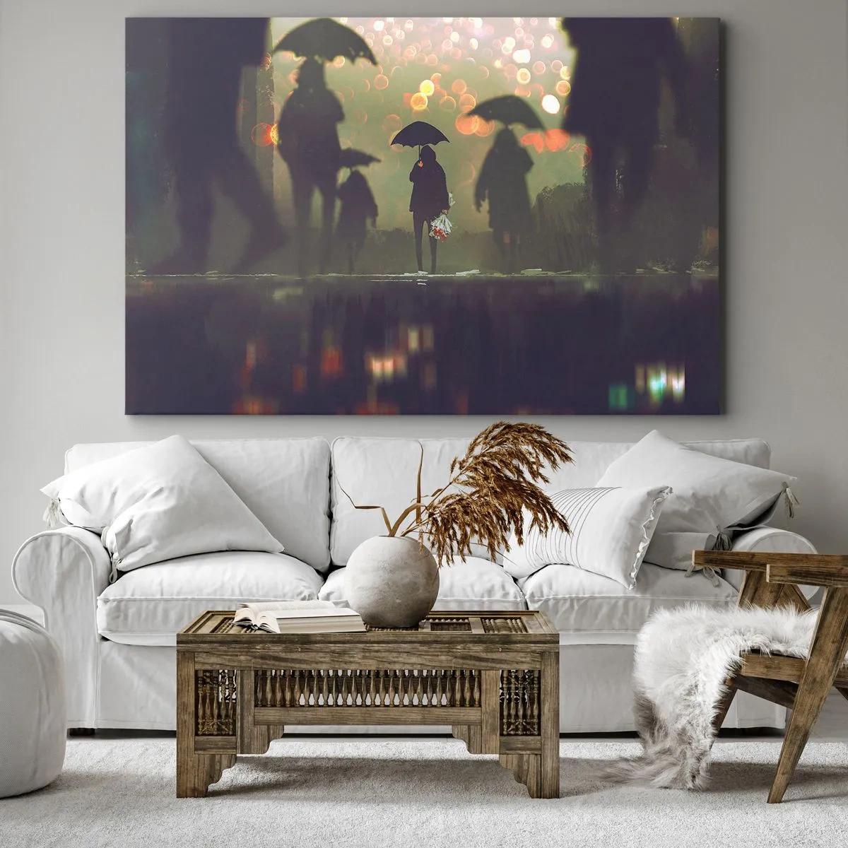 Cuadro sobre lienzo - Impresión de Imagen - Una figura con un paraguas en una tarde lluviosa entre las luces de la ciudad. - 120x80cm - Desde la perspectiva de una gota de lluvia - Decoración de pared moderna para salón y dormitorio ARTTOR