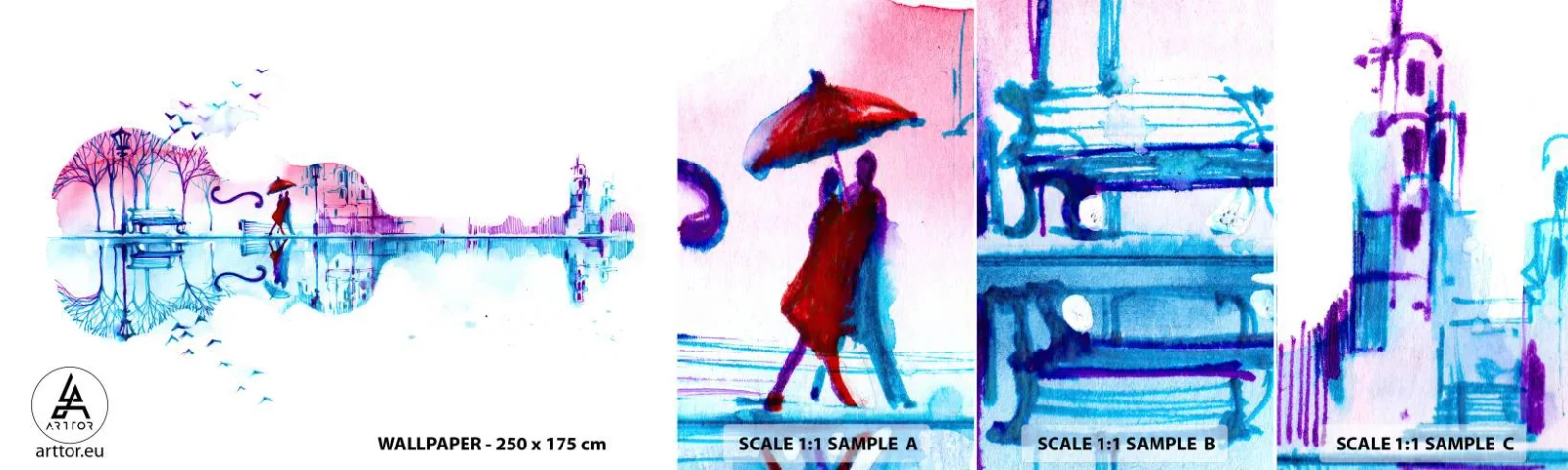 Muestra de fotomural autoadhesivo Deluxe Sticker - Te traeré cánticos de lluvia - Abstracción, Violín, Arquitectura - 100x30 cm