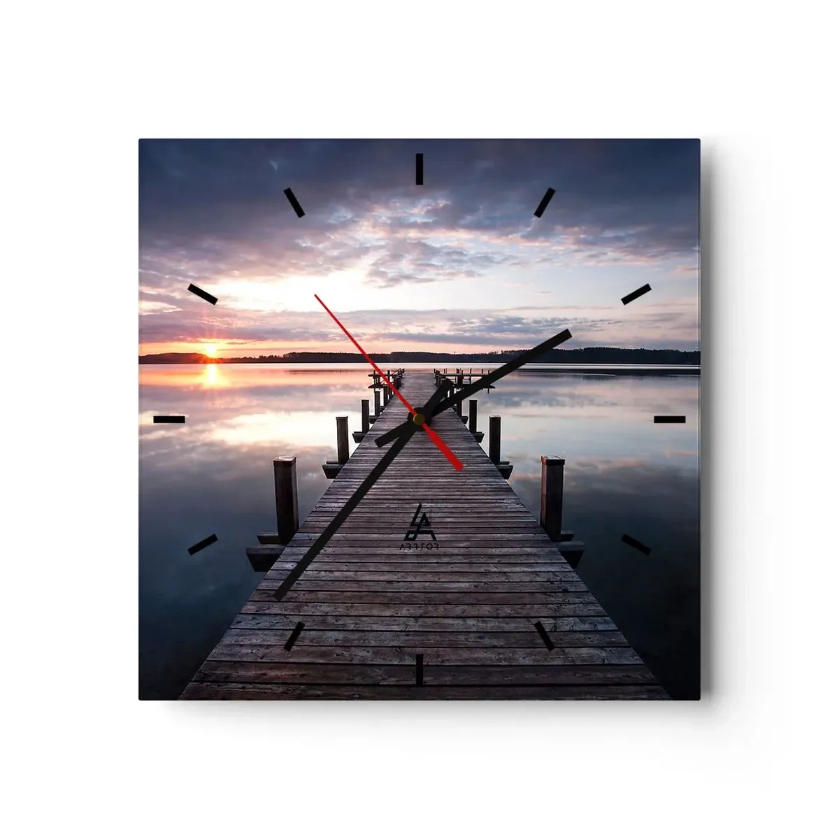 Reloj de pared - Reloj de vidrio - Un muelle en un lago al atardecer en un paisaje tranquilo. - 30x30cm - Frontera silenciosa del día y la noche - Decoración de pared moderna para salón y dormitorio ARTTOR