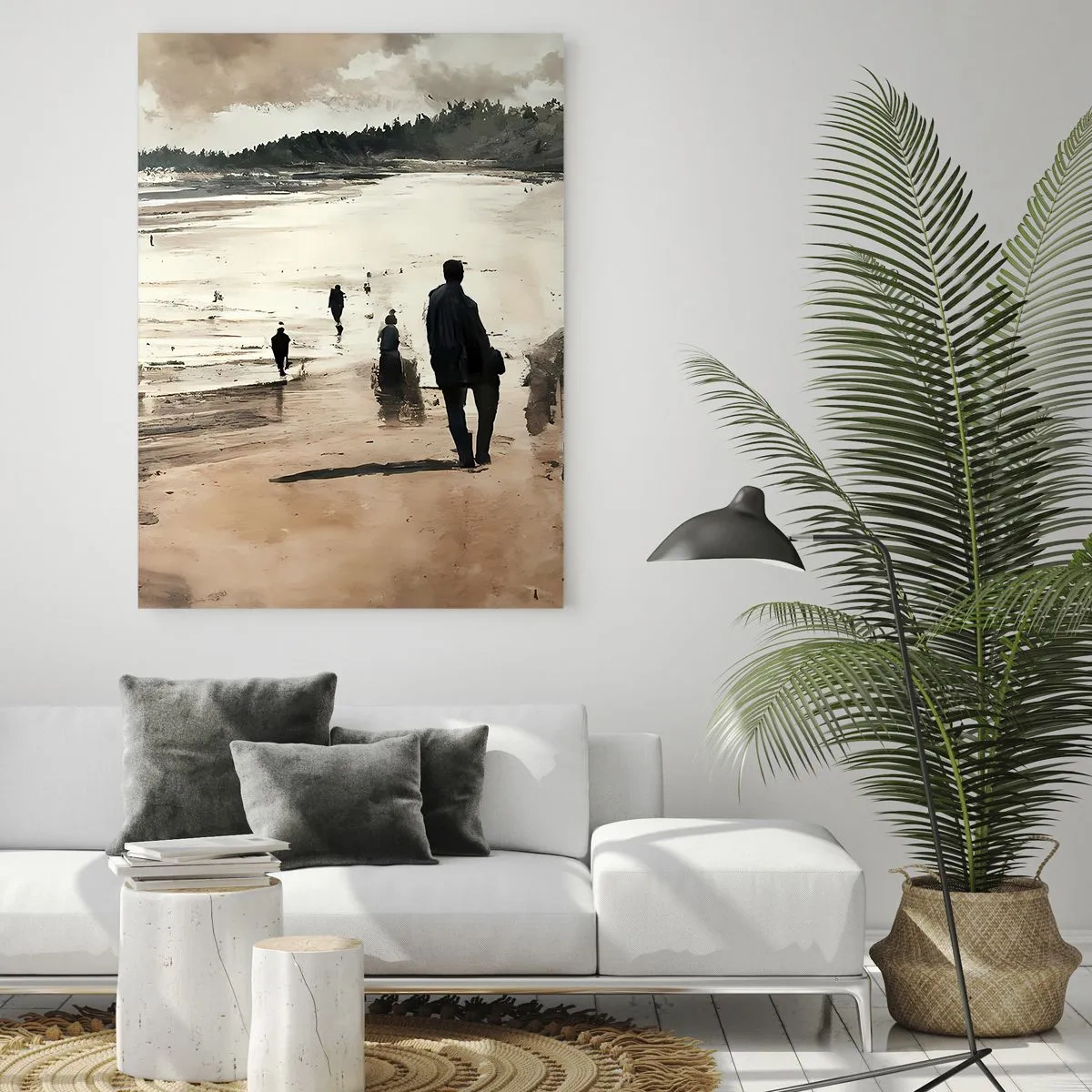 Cuadro sobre vidrio - Impresiones sobre Vidrio - Siluetas caminando por una amplia playa bajo un cielo nublado - 50x70cm - Un sueño evocado - Decoración de pared moderna para salón y dormitorio ARTTOR