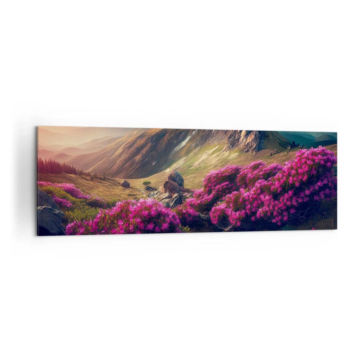 Cuadro sobre lienzo - Impresión de Imagen - Paisaje de montaña con rododendros en flor - 160x50cm - Verano en las montañas - Decoración de pared moderna para salón y dormitorio ARTTOR