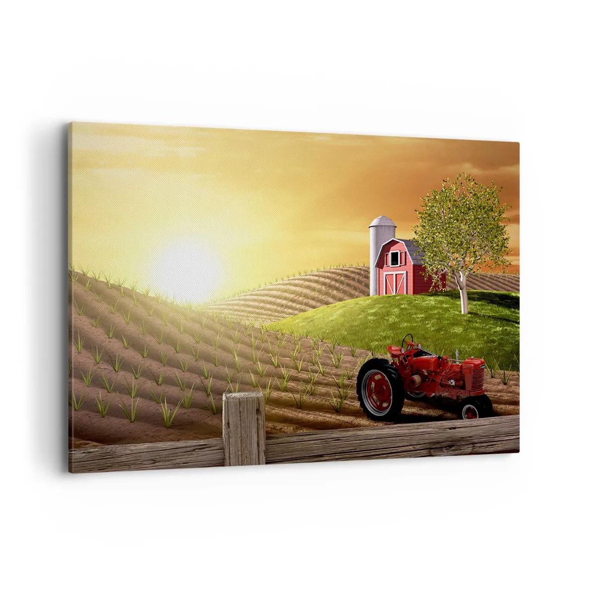 Cuadro sobre lienzo - Impresión de Imagen - Paisaje rural con un granero rojo, un tractor y el amanecer. - 120x80cm - Una granja como un cuento de hadas - Decoración de pared moderna para salón y dormitorio ARTTOR