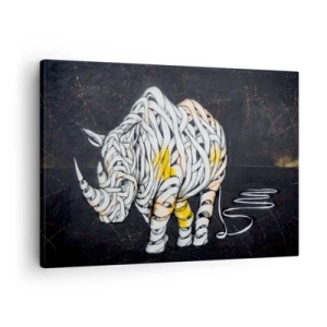 Cuadro sobre lienzo - Impresión de Imagen - Un rinoceronte tallado con rayas abstractas sobre un fondo oscuro. - 70x50cm - El mito de la momia rinoceronte - Decoración de pared moderna para salón y dormitorio ARTTOR