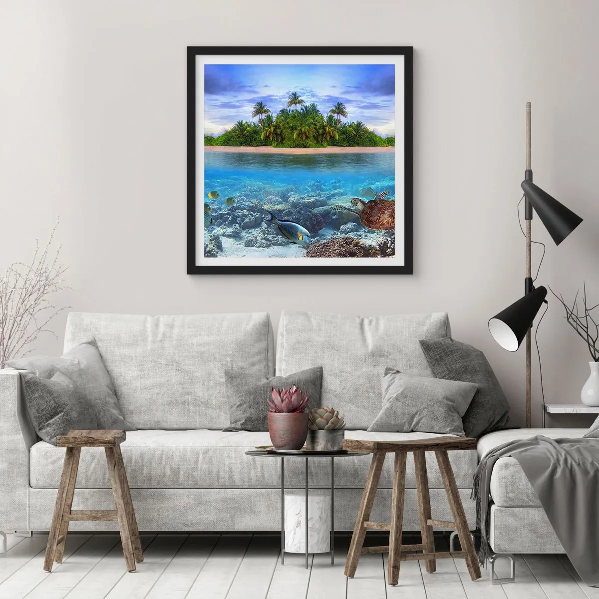 Póster en marco negro - Una isla paradisíaca te invita - 50x50 cm